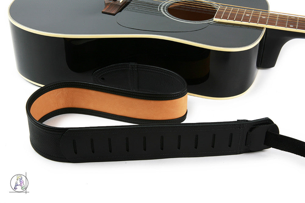Black and Mellow Tan Soft Leather Guitar Strap