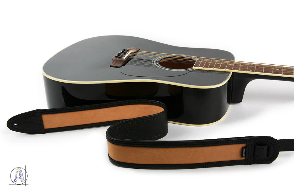 Black and Mellow Tan Soft Leather Guitar Strap