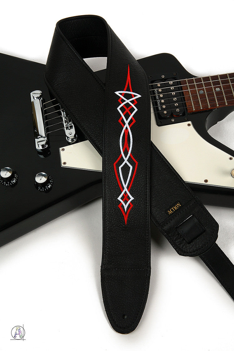 Red and White Pinstriping on Black Leather