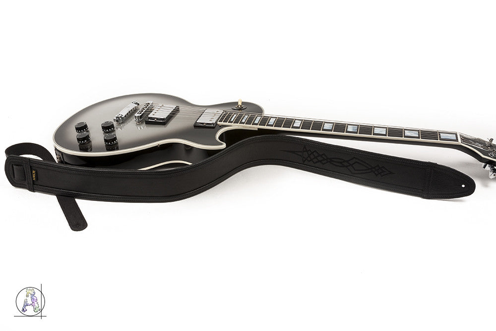 Stealth - Soft Black Leather Guitar Strap with Black Pinstriping