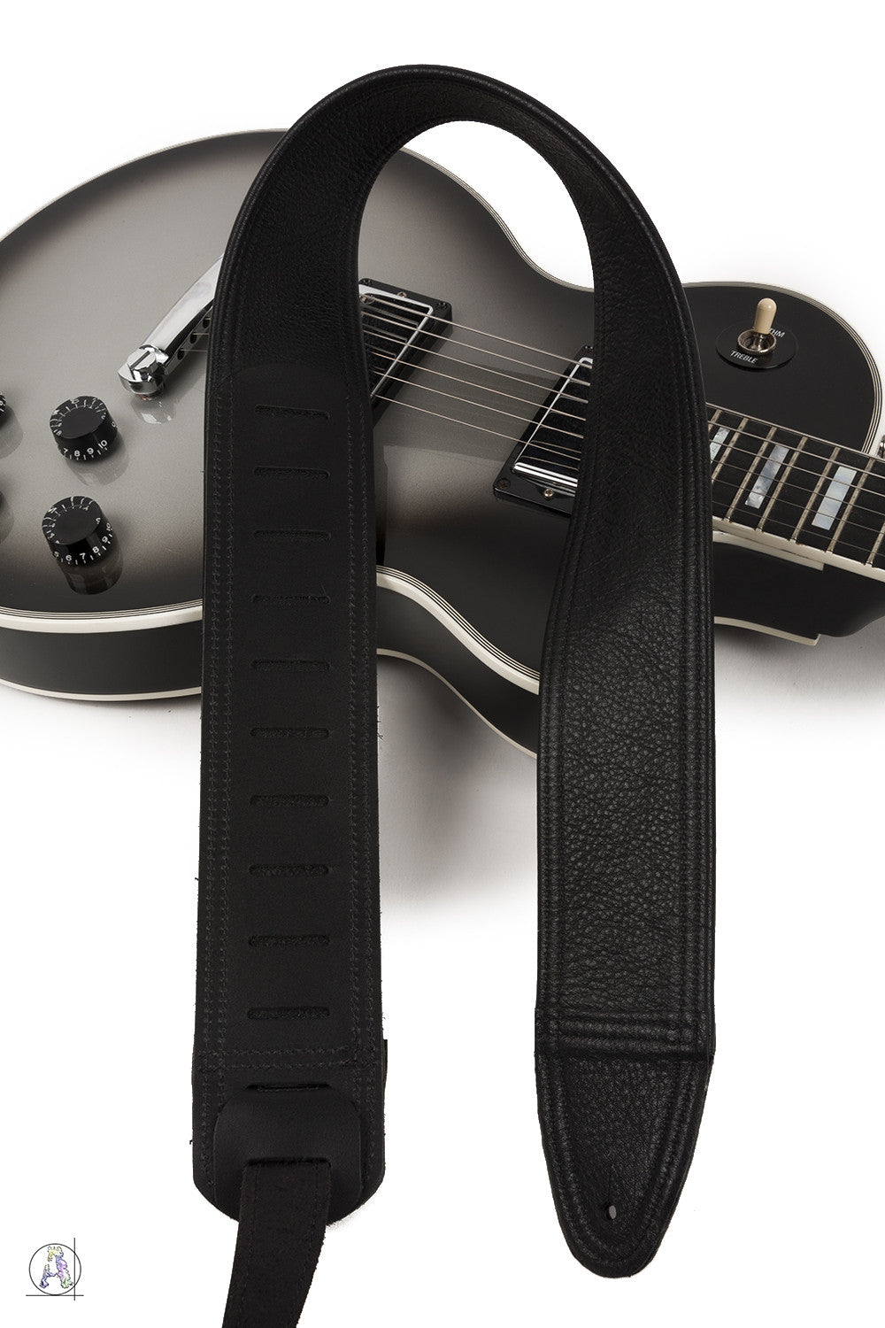Stealth - Soft Black Leather Guitar Strap with Black Pinstriping