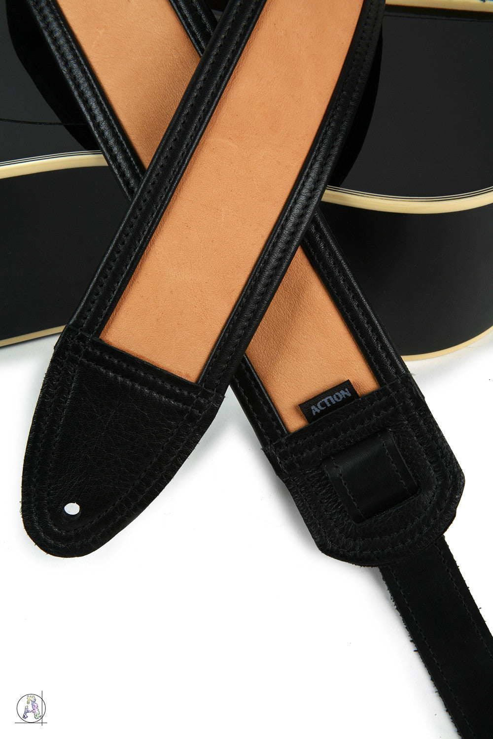 Black and Mellow Tan Soft Leather Guitar Strap