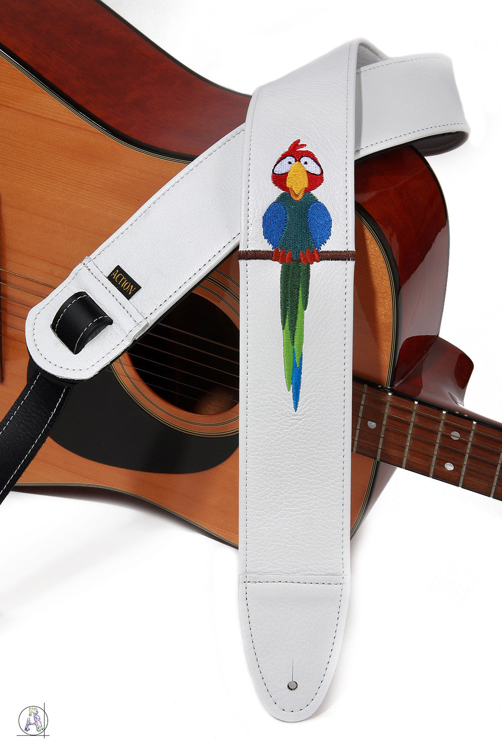 Fun Parrot on White Leather Custom Guitar Strap