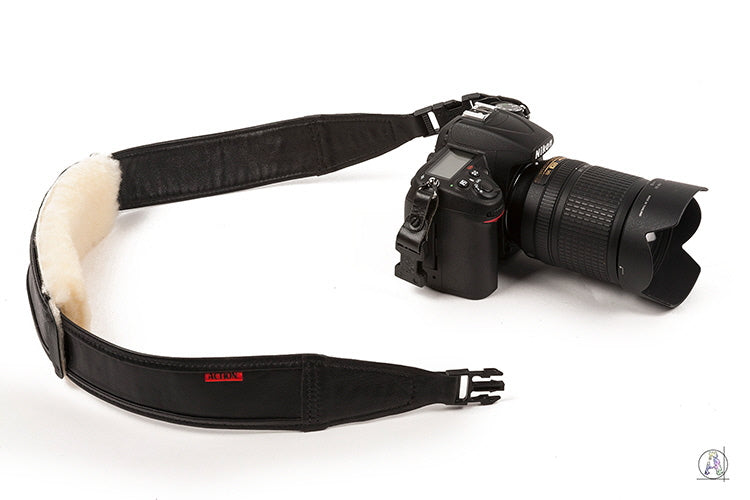 Black cabretta Leather with Shearling Shoulder Pad Custom Camera Strap