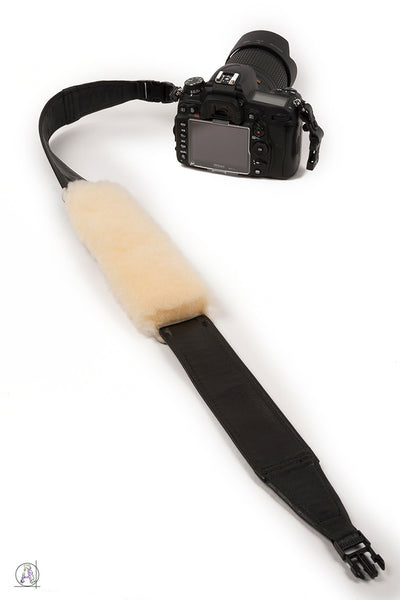Black cabretta Leather with Shearling Shoulder Pad Custom Camera Strap