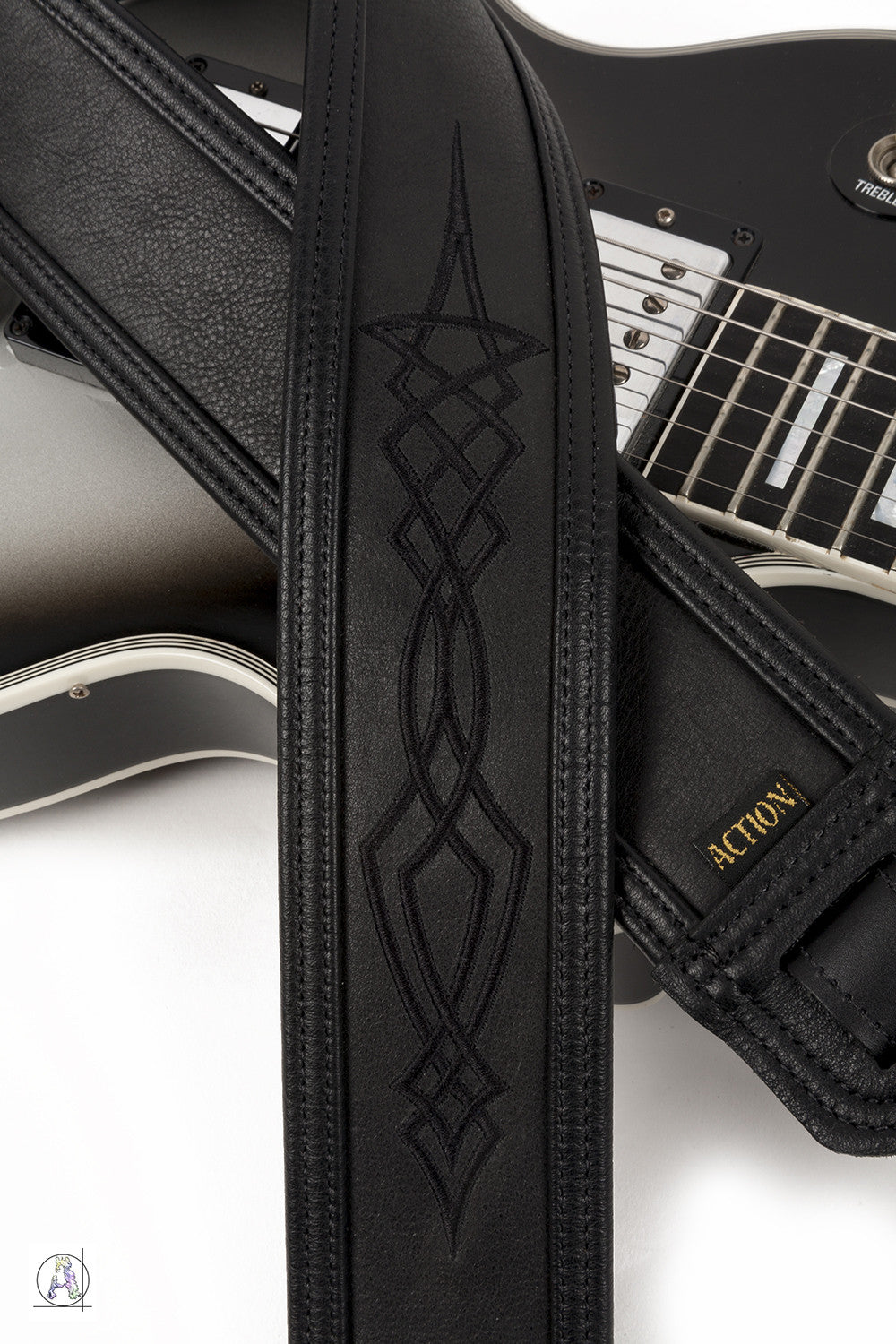 Stealth - Soft Black Leather Guitar Strap with Black Pinstriping