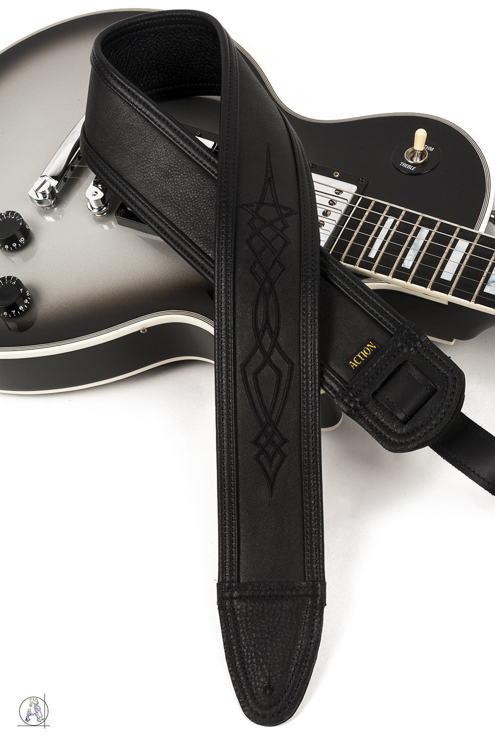 Stealth - Soft Black Leather Guitar Strap with Black Pinstriping