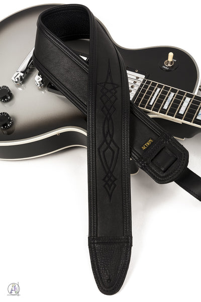 Soft black leather guitar strap with black embroidered pinstriping design